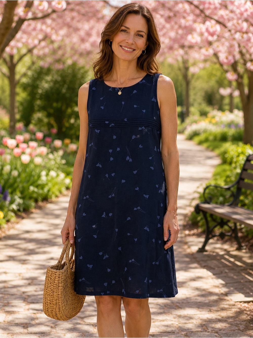 Vintage Linen Dress Sleeveless Navy Blue L Floral Spring Wedding Guest